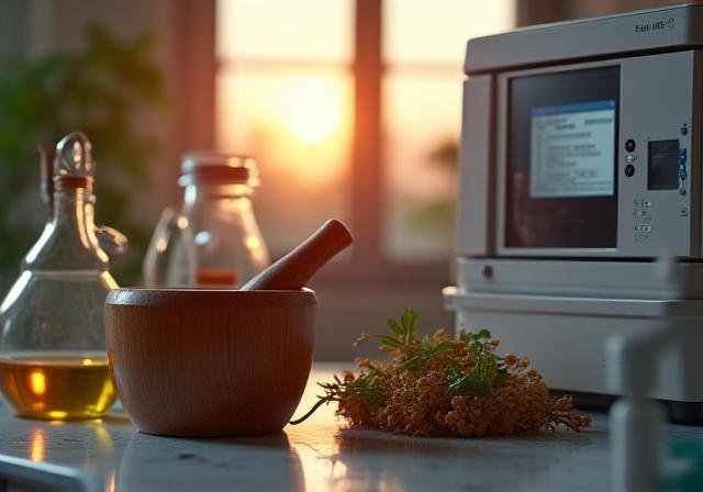 Modern medicine equipment alongside traditional Ayurvedic herbs