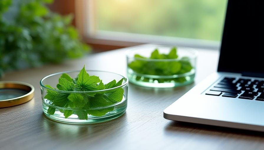Close up of desk with herbal samples and high-tech lab equipment representing scientific precision