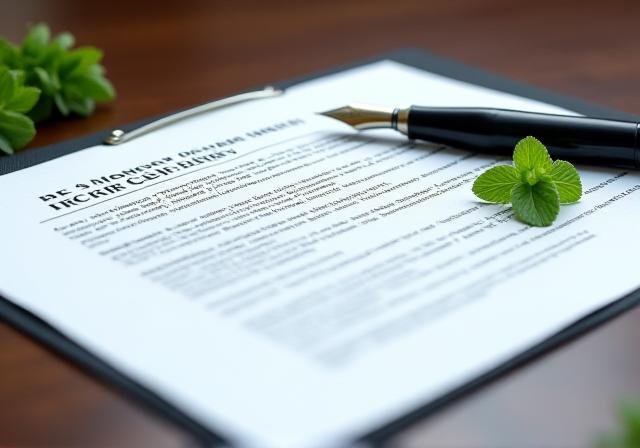 Close up of a professional consulting contract on a wooden table with a sprig of rosemary